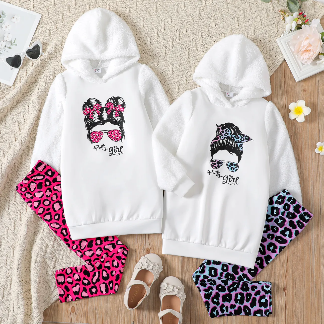 2pcs Kid Girl Character Print Fleece Splice Goodie Sweatshirt and Leopard Print Leggings Set Pink big image 1
