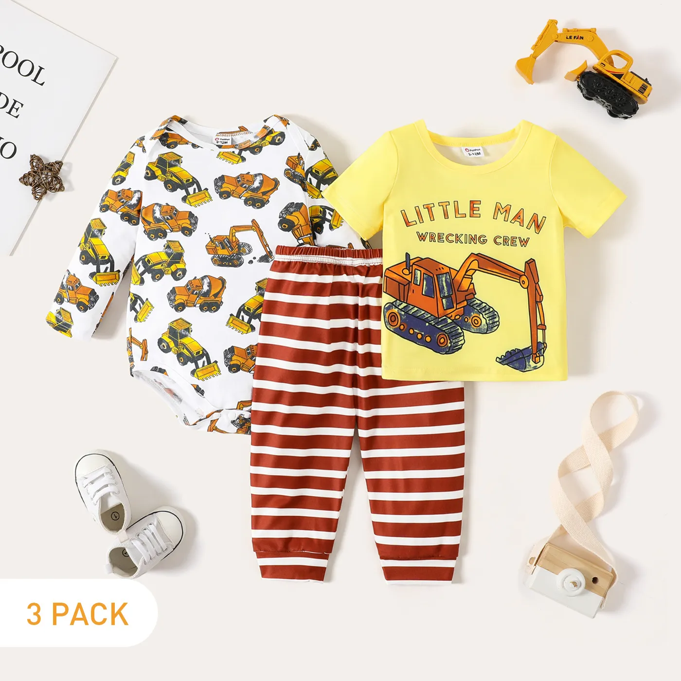 

3-Pack Baby Boy 95% Cotton Long-sleeve Allover Excavator Print Romper and Tee with Striped Pants Set