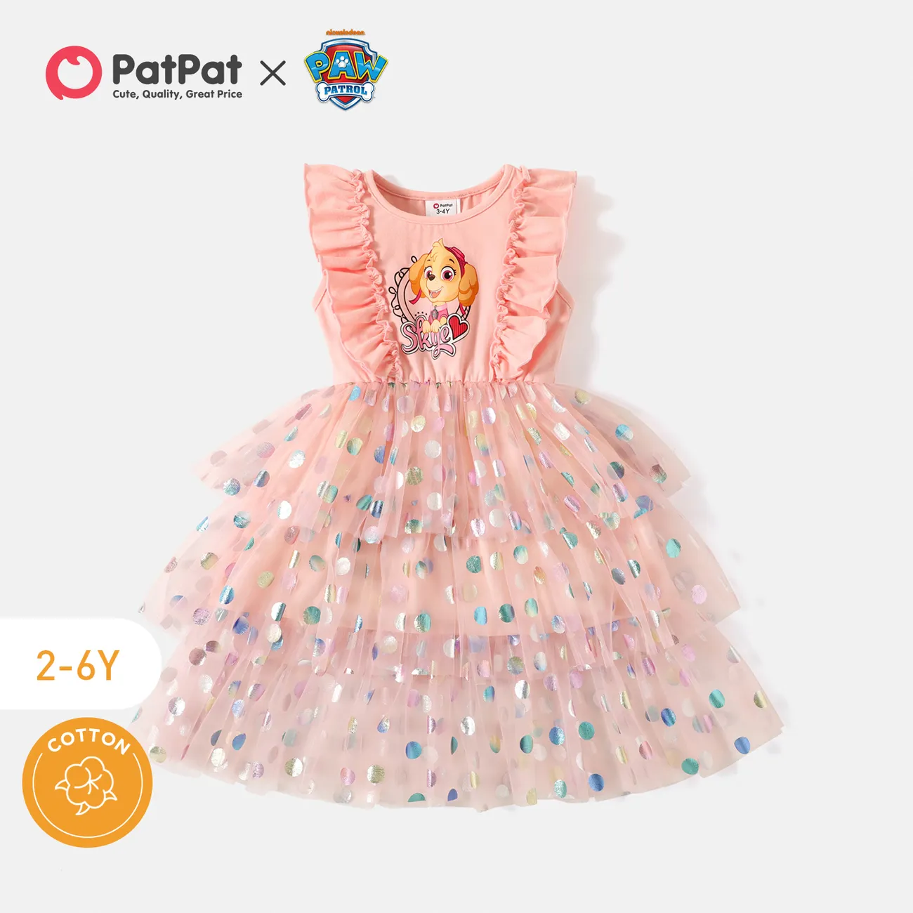 PAW Patrol Toddler Girl Cotton Ruffled Polka dots Layered Mesh Splice Sleeveless Dress Pink big image 1