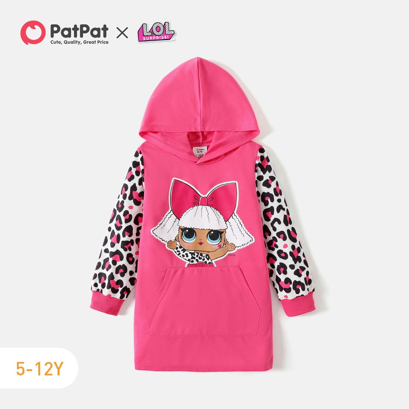 

L.O.L. SURPRISE! Kid Girl Character Leopard Print Colorblock Pocket Design Hooded Sweatshirt Dress