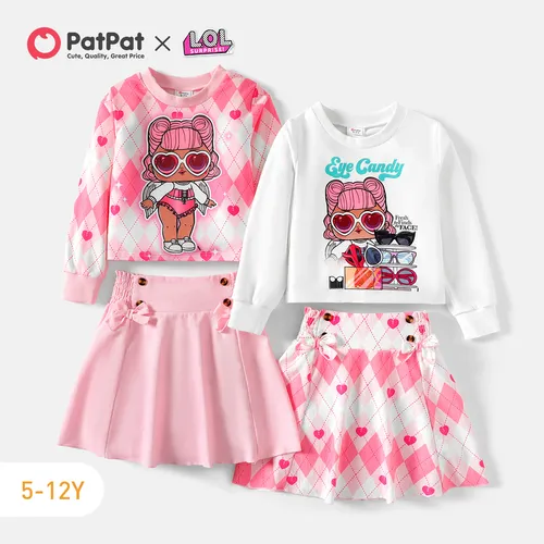 L.O.L. SURPRISE! 2pcs Kid Girl Letter Print Sweatshirt and Plaid/Pink Bow Design Smocked Skirt Set
