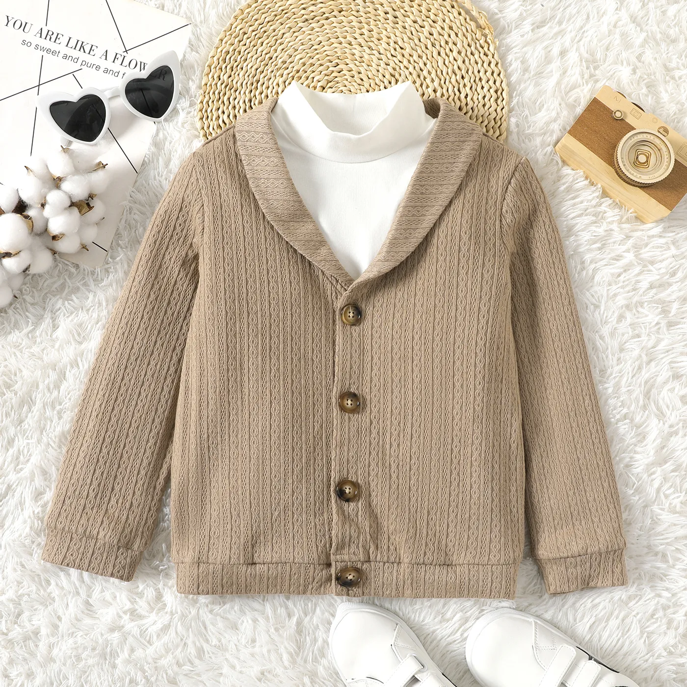 

Kid Boy Lapel Collar Button Design Textured Jacket