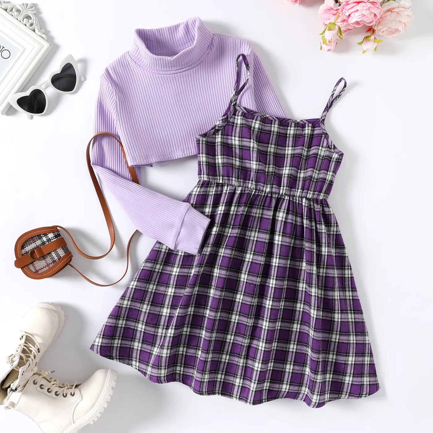 

2pcs Kid Girl Plaid Cotton Slip Dress and Turtleneck Ribbed Crop Tee Set