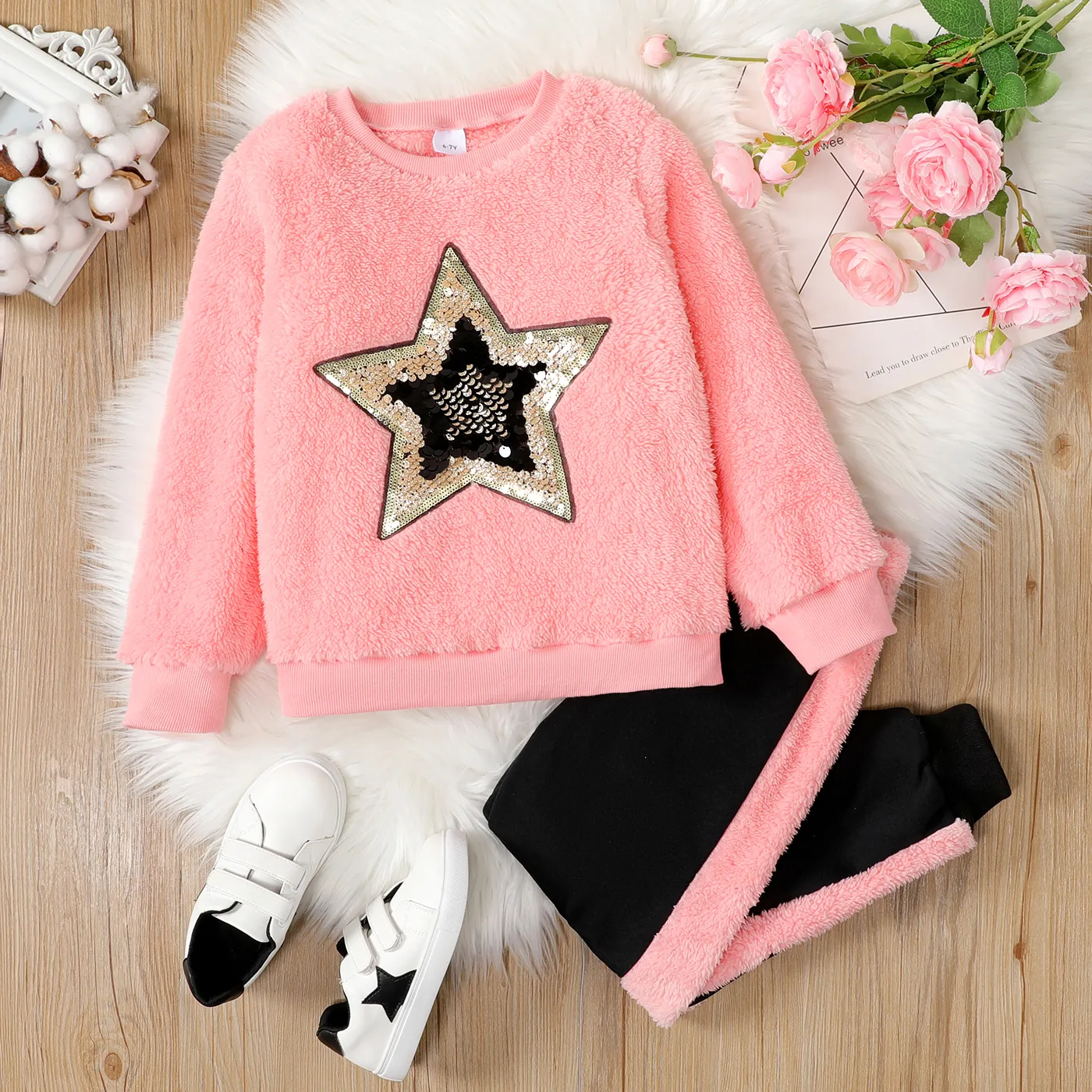 

2pcs Kid Girl Star Pattern Sequined Fleece Pink Sweatshirt and Colorblock Pants Set