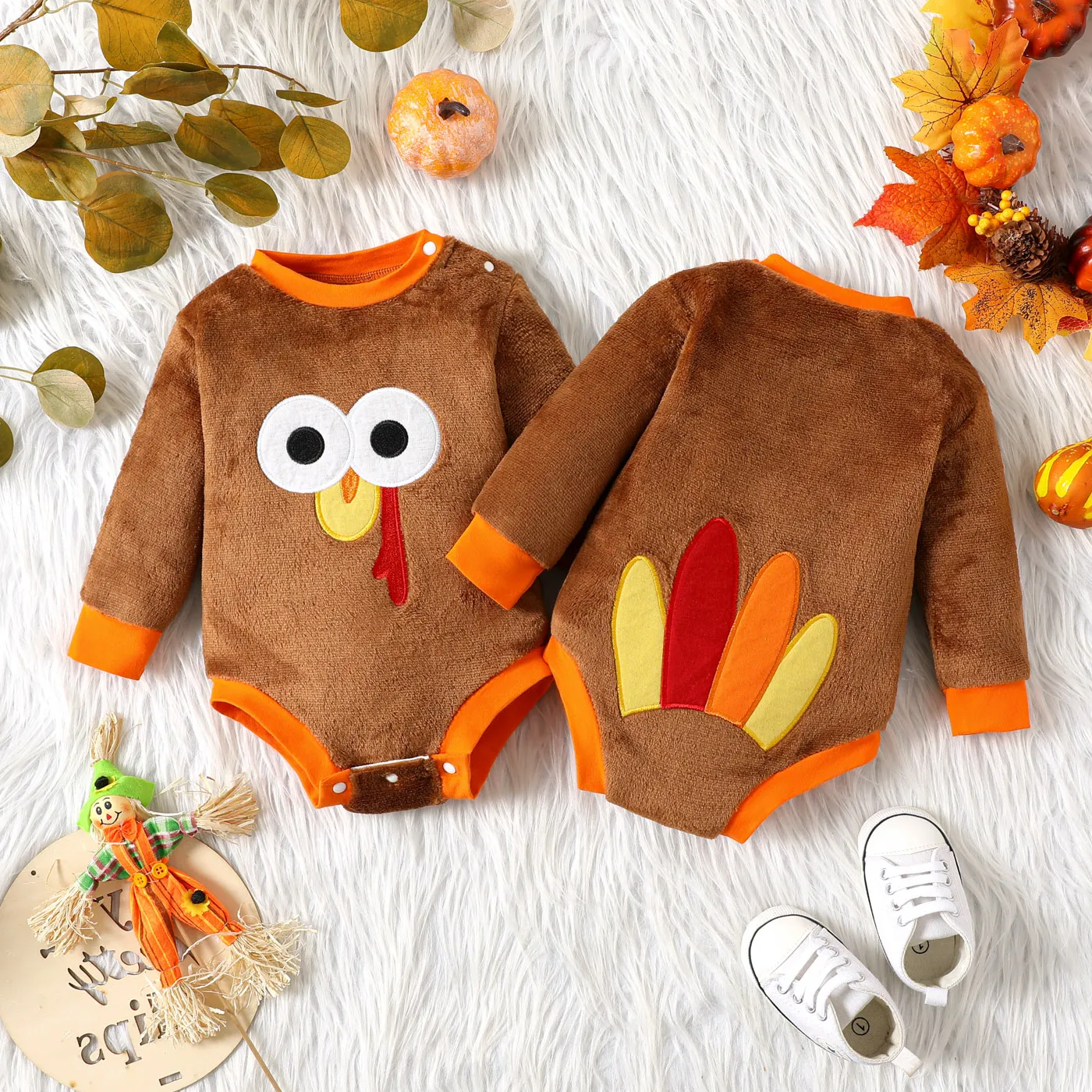 

Thanksgiving Day Baby Boy/Girl Turkey Graphic Long-sleeve Fleece Romper