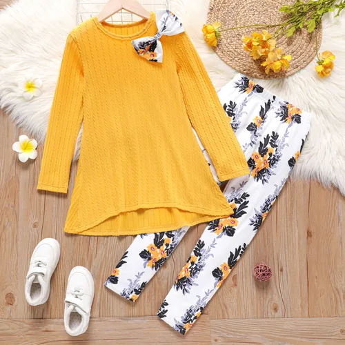 2pcs Kid Girl 3D Bowknot Design Textured High Low Tee and Floral Print Leggings Set