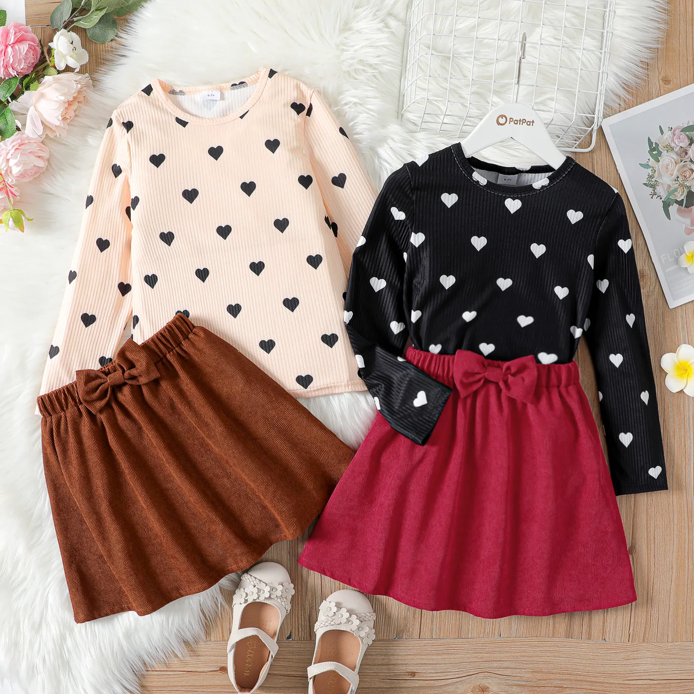 2pcs Kid Girl Heart Print Long-sleeve Tee and 3D Bowknot Design Skirt Set Almond Beige image 2