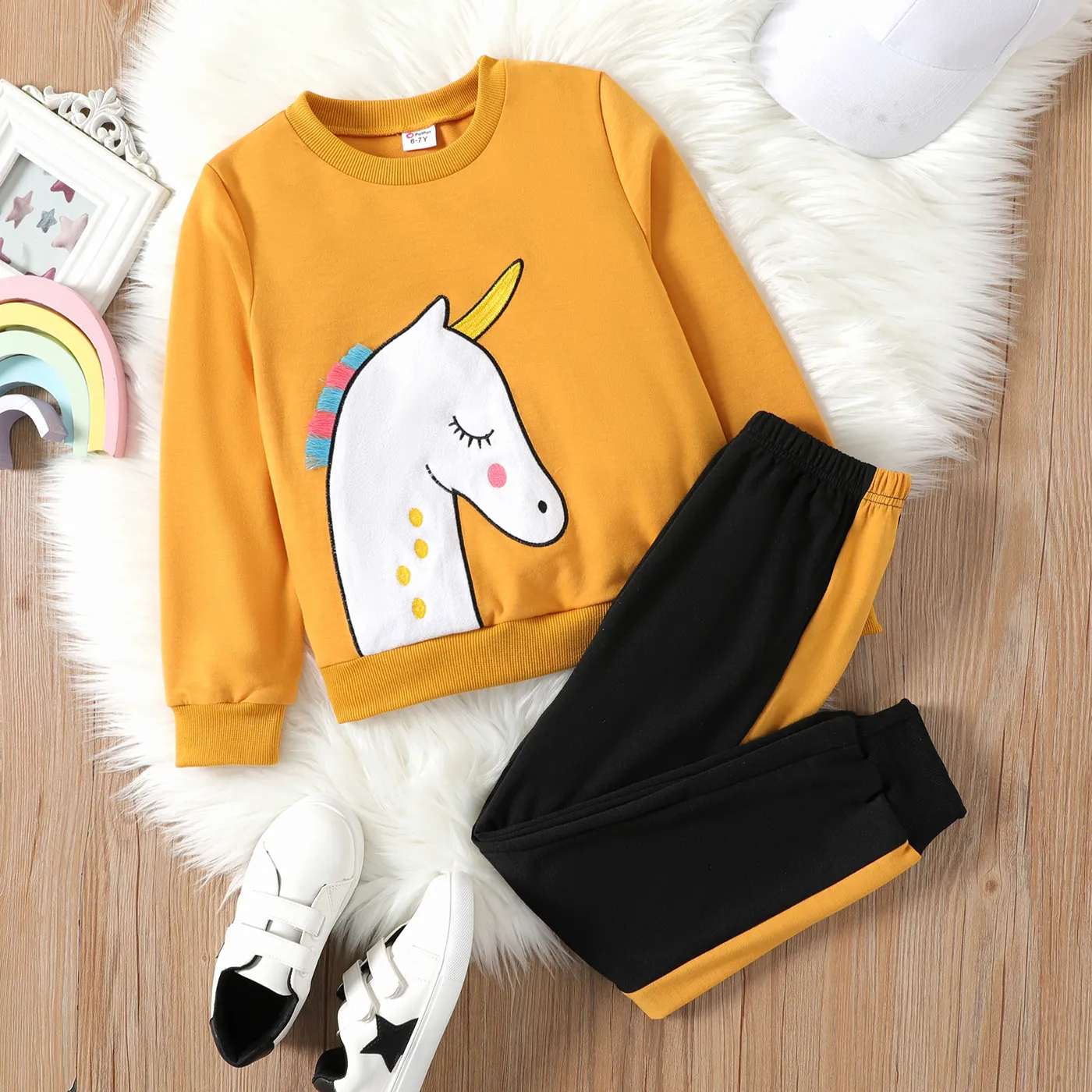 2pcs Kid Girl Unicorn Embroidered Pullover Sweatshirt and Colorblock Pants Set