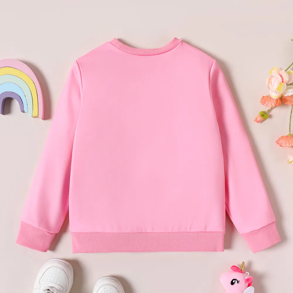 Kid Girl Unicorn Print Fleece Lined Pink Pullover Sweatshirt  big image 2