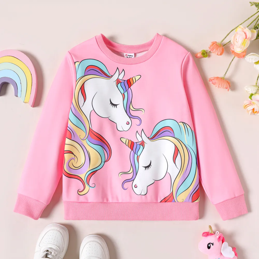 Kid Girl Unicorn Print Fleece Lined Pink Pullover Sweatshirt  big image 1