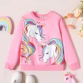 Kid Girl Unicorn Print Fleece Lined Pink Pullover Sweatshirt  image 1
