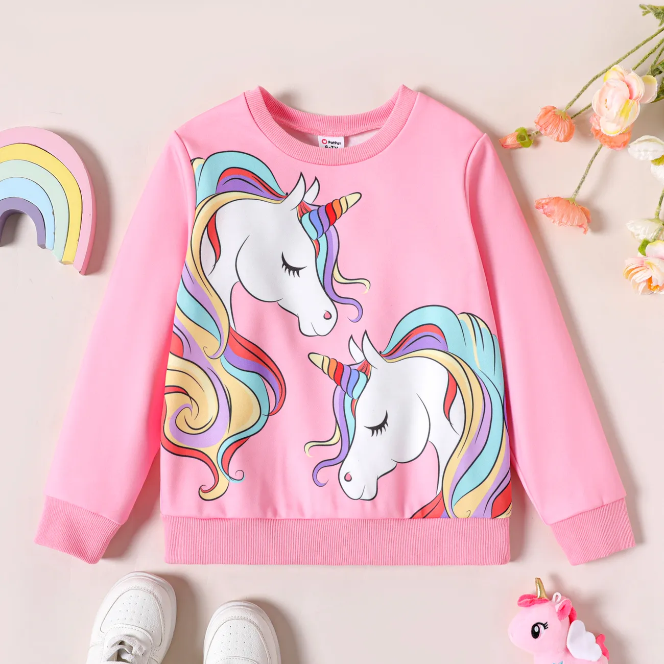 Kid Girl Unicorn Print Fleece Lined Pink Pullover Sweatshirt Light Pink big image 1
