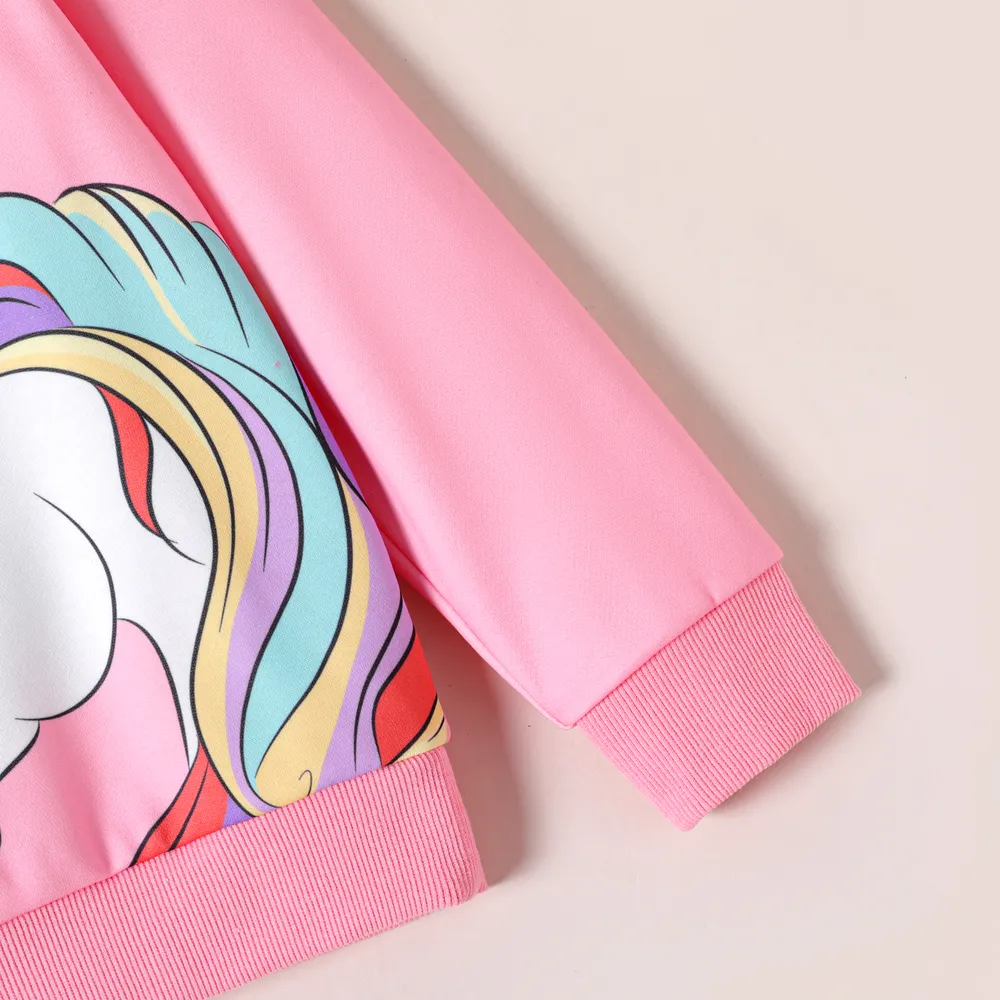 Kid Girl Unicorn Print Fleece Lined Pink Pullover Sweatshirt big image 4