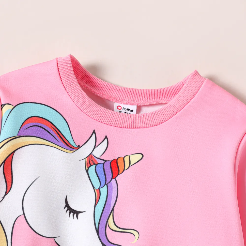 Kid Girl Unicorn Print Fleece Lined Pink Pullover Sweatshirt big image 5
