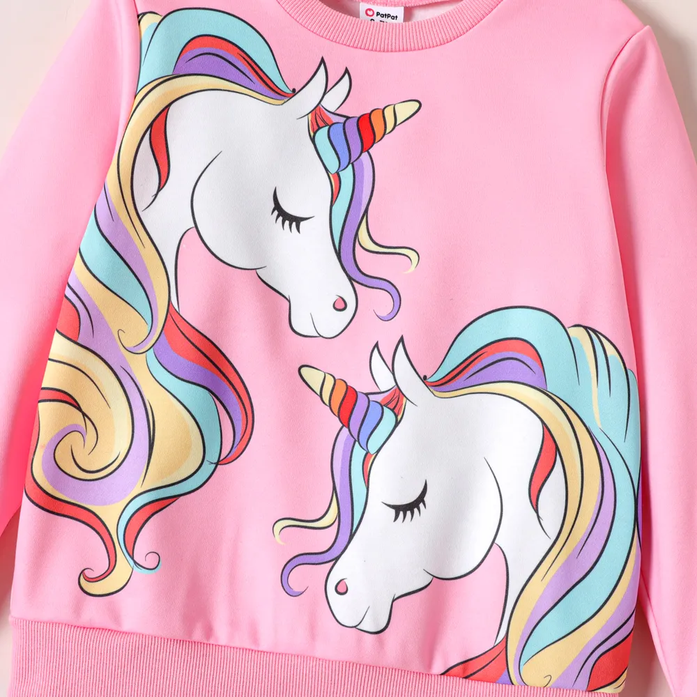 Kid Girl Unicorn Print Fleece Lined Pink Pullover Sweatshirt big image 3