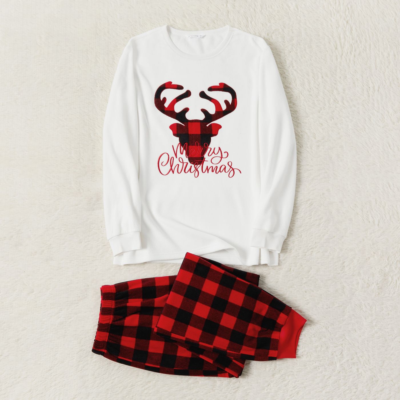 Christmas Family Matching Deer & Letter Embroidered Thickened Polar Fleece Long-sleeve Red Plaid Pajamas Sets (Flame Resistant)