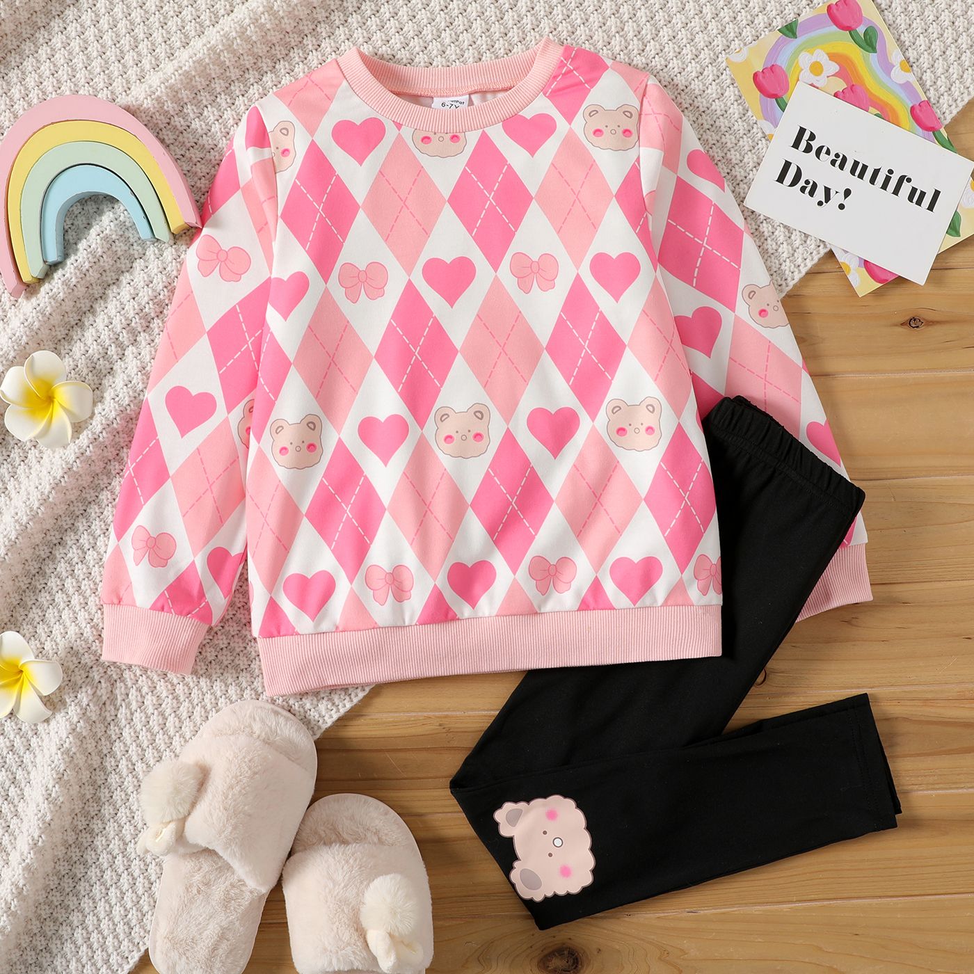 

2pcs Kid Girl Bear Print Plaid Pink Sweatshirt and Elasticized Leggings