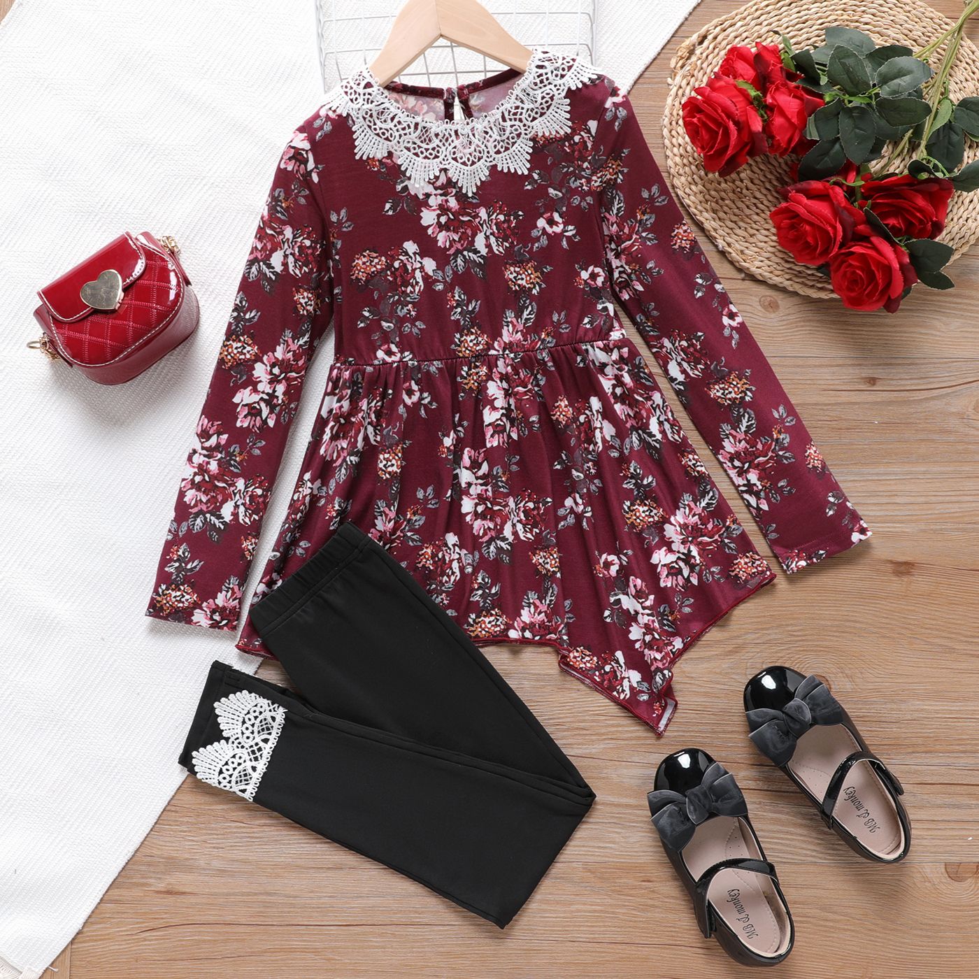 

2pcs Kid Girl Floral Print Lace Design Irregular Hem Tee and Black Leggings Set