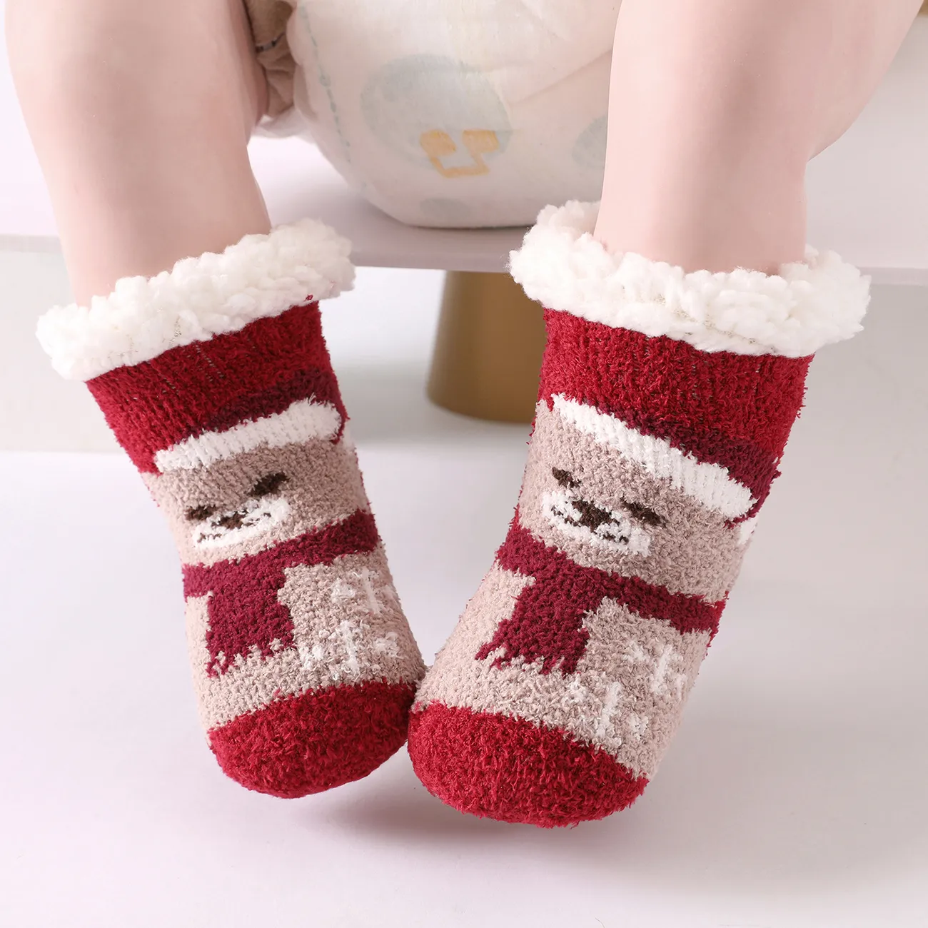 Chaussettes épaisses thermiques en peluche à motif de Noël pour bébé Rouge big image 1