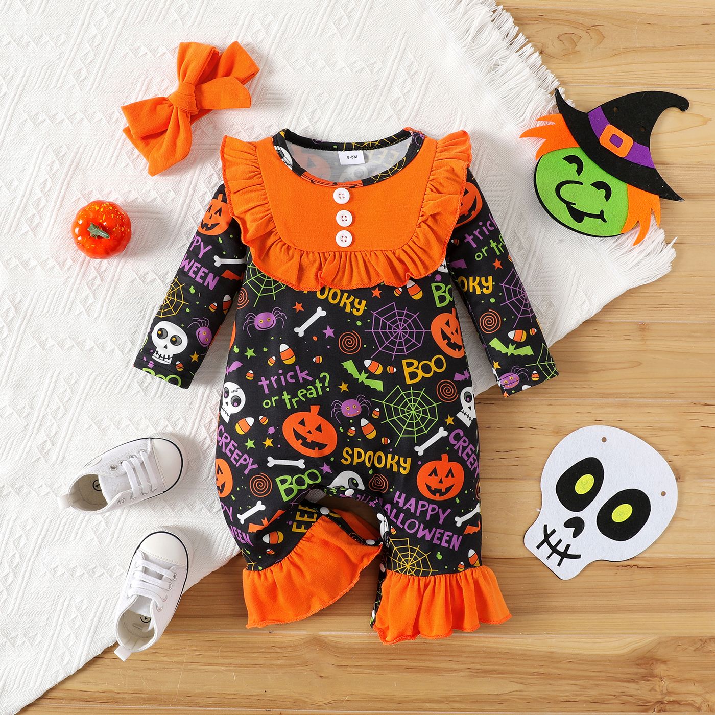 

Halloween 2pcs Baby Girl Allover Print Long-sleeve Ruffle Trim Jumpsuit with Headband Set