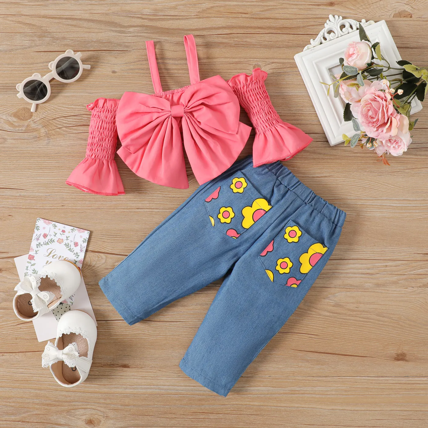 

2pcs Baby Girl 100% Cotton Floral Print Straight-fit Pants and Cold Shoulder Bell-sleeve Bow Front Shirred Cami Top Set