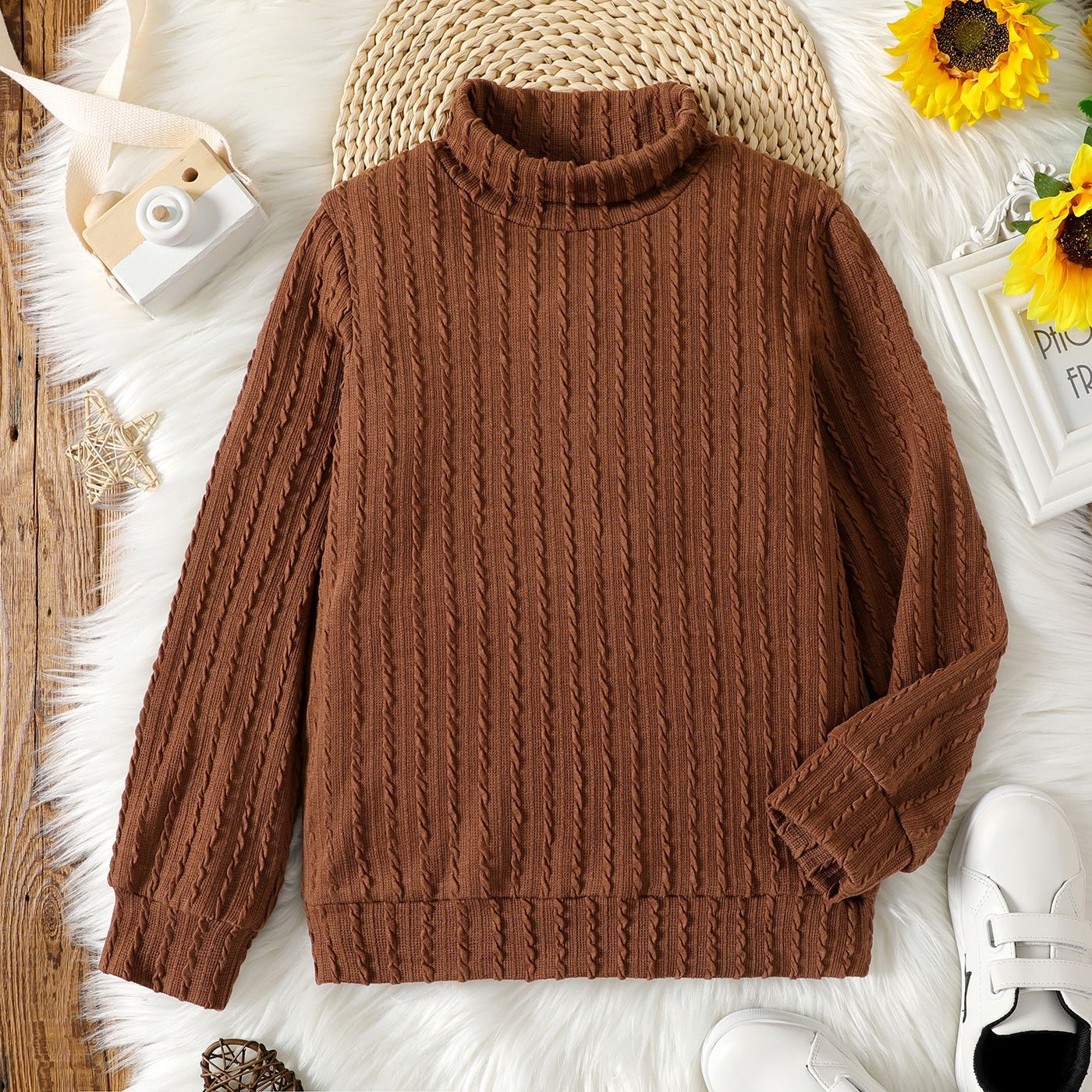 Kid Girl Solid Color Turtleneck Textured Knit Sweatshirt