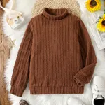 Kid Girl Solid Color Turtleneck Textured Knit Sweatshirt Coffee