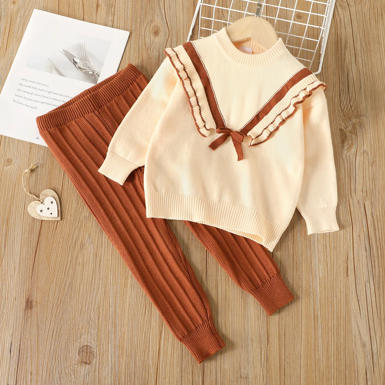 2pcs Toddler Girl Sweet Ruffled Bowknot Design Sweater and Ribbed Pants Set Khaki big image 1