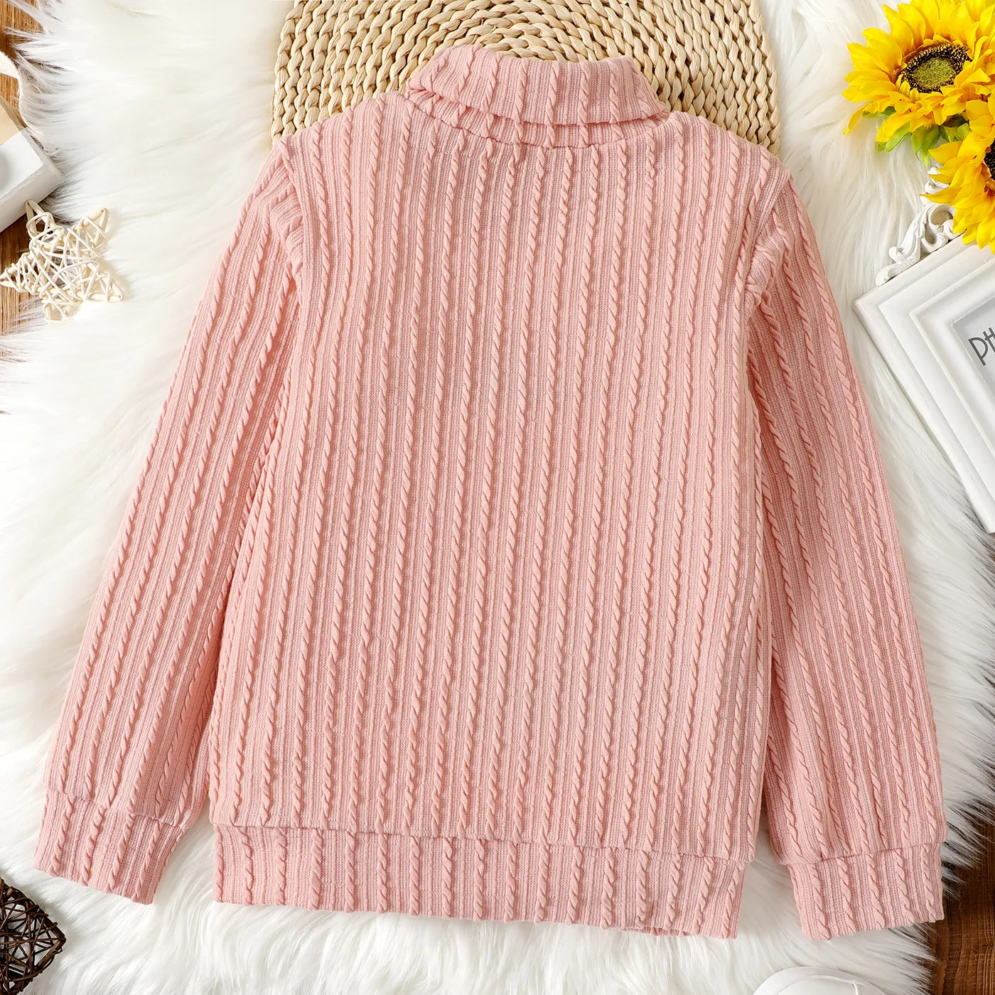 Kid Girl Solid Color Turtleneck Textured Knit Sweatshirt Pink image 5