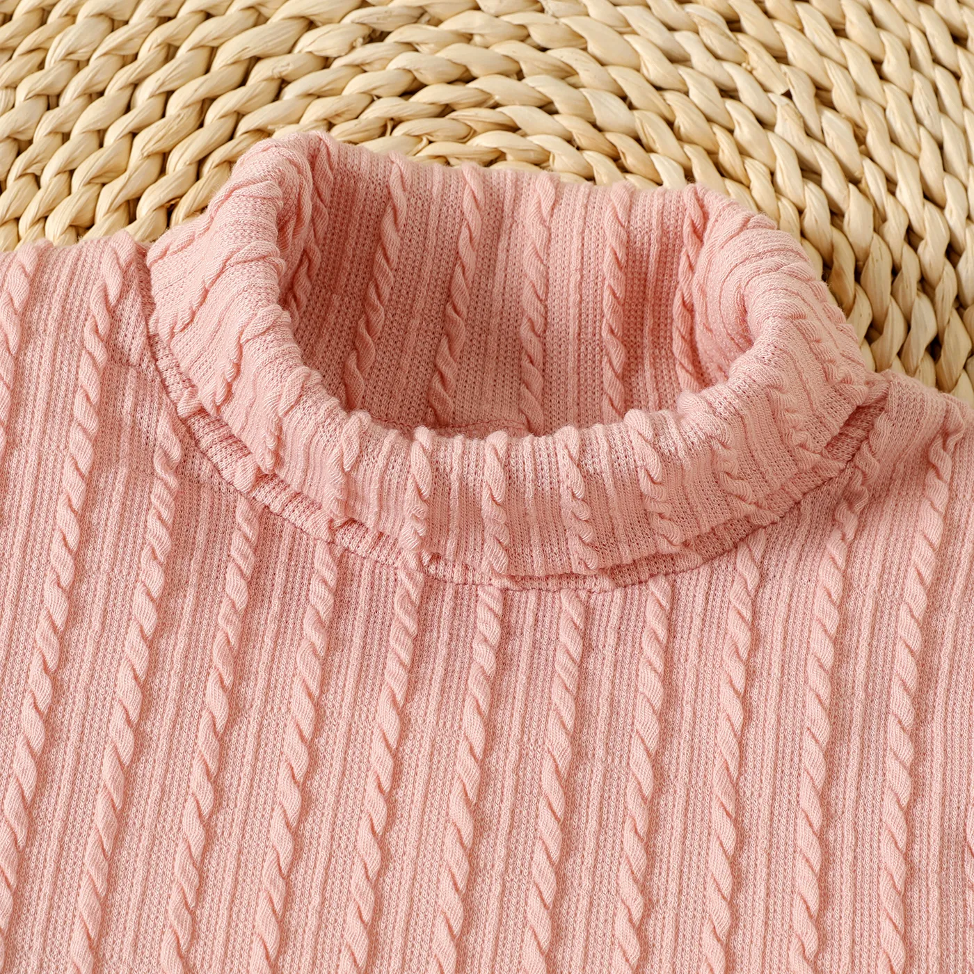 Kid Girl Solid Color Turtleneck Textured Knit Sweatshirt Pink image 3