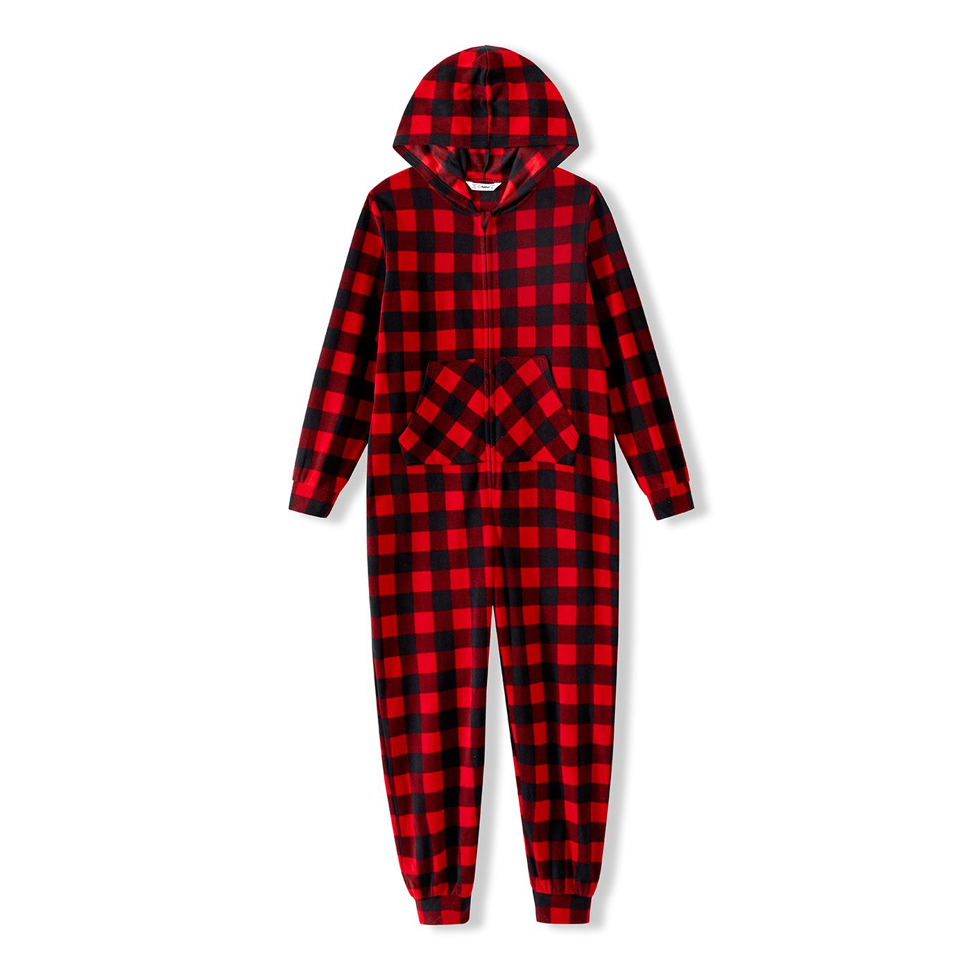 Christmas Family Matching Red Plaid Hooded Long-sleeve Thickened Polar Fleece Zipper Onesies Pajamas