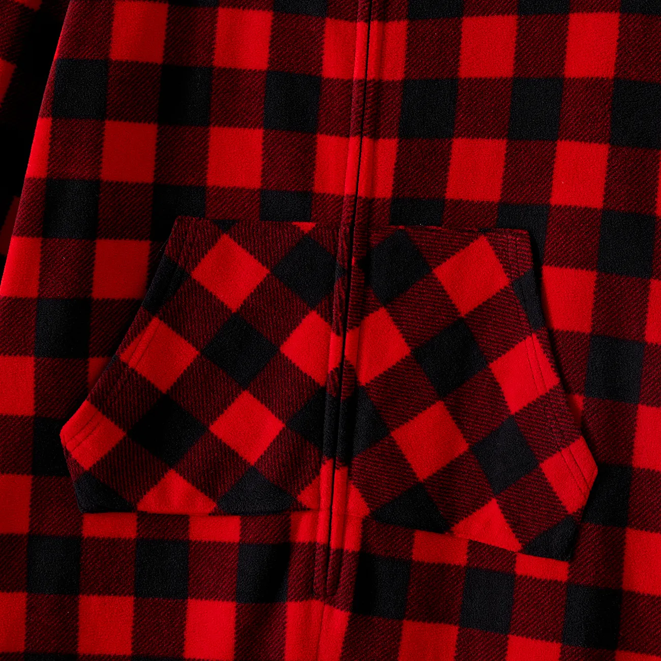 Christmas Family Matching Red Plaid Hooded Long-sleeve Thickened Polar Fleece Zipper Onesies Pajamas (Flame Resistant) redblack big image 1