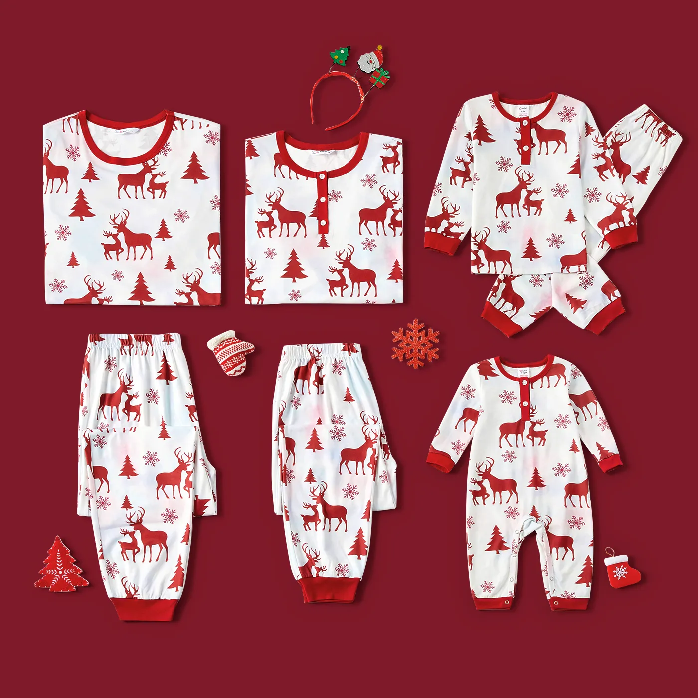 Christmas Family Matching Allover Red Reindeer Print Tie Dye Long-sleeve Pajamas Sets (Flame Resistant) WineRed image 5