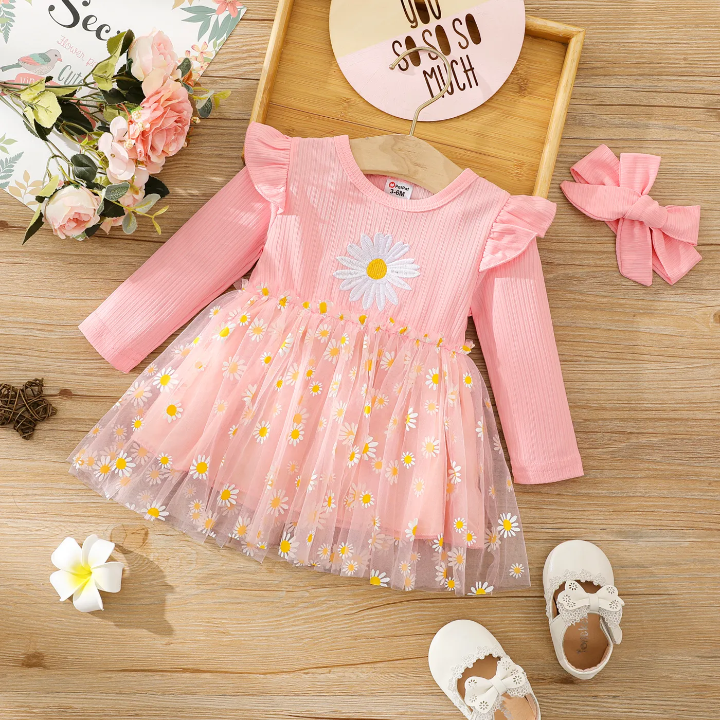 

2pcs Baby Girl Pink Rib Knit Ruffle Long-sleeve Spliced Allover Daisy Floral Print Mesh Dress with Headband Set
