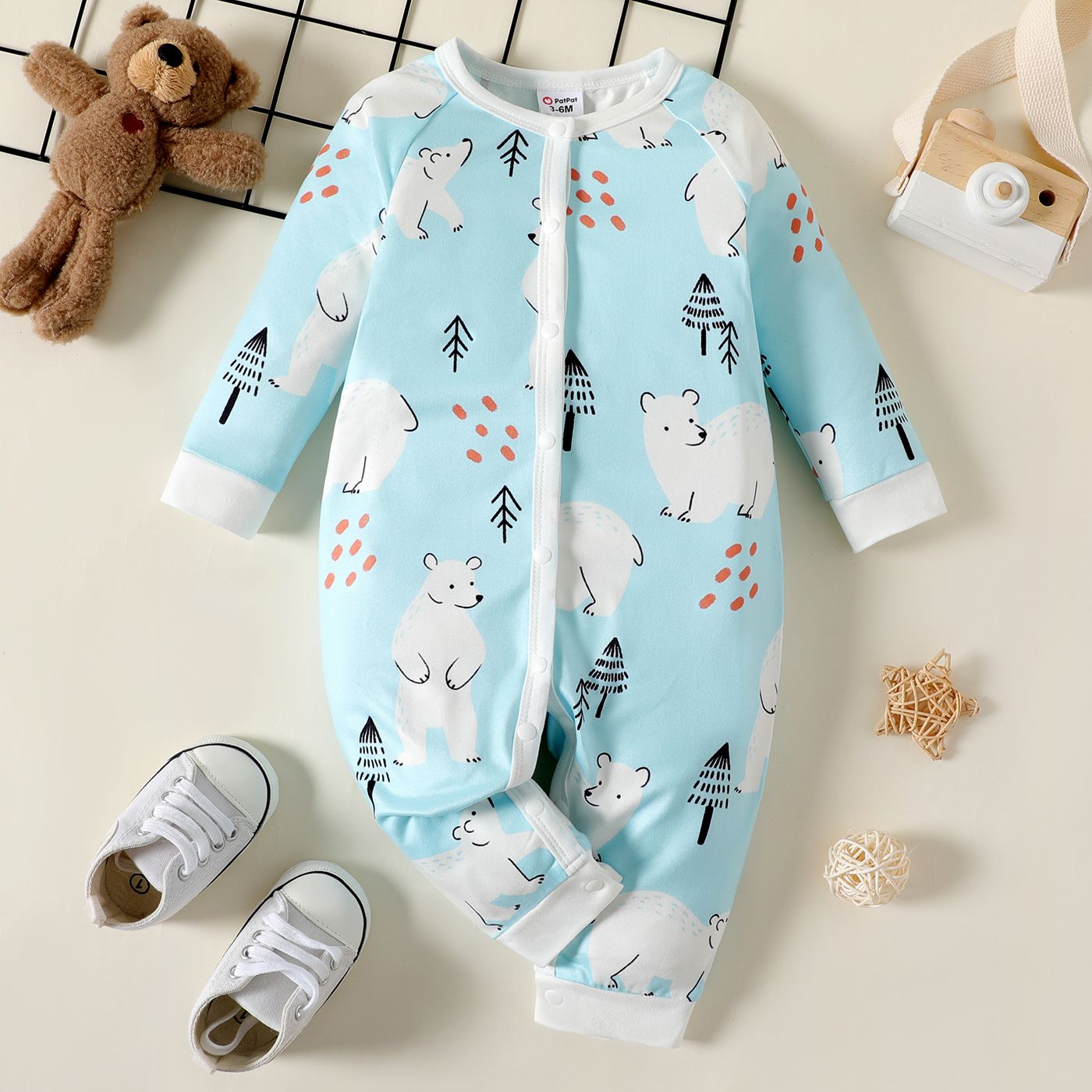 

Baby Boy Allover Bear Print Blue Long-sleeve Button Jumpsuit
