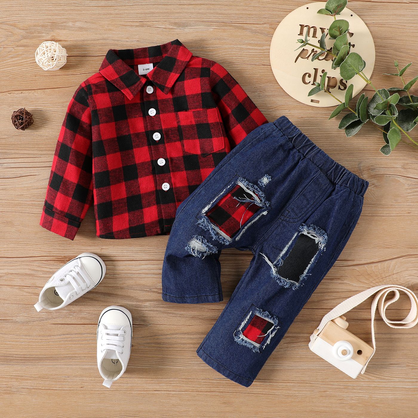 

2pcs Baby Boy/Girl 100% Cotton Ripped Jeans and Long-sleeve Plaid Shirt Set