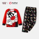 Looney Tunes  Family Matching Cartoon Graphic aglan-sleeve Allover Christmas Print Pajamas Sets (Flame Resistant) Red