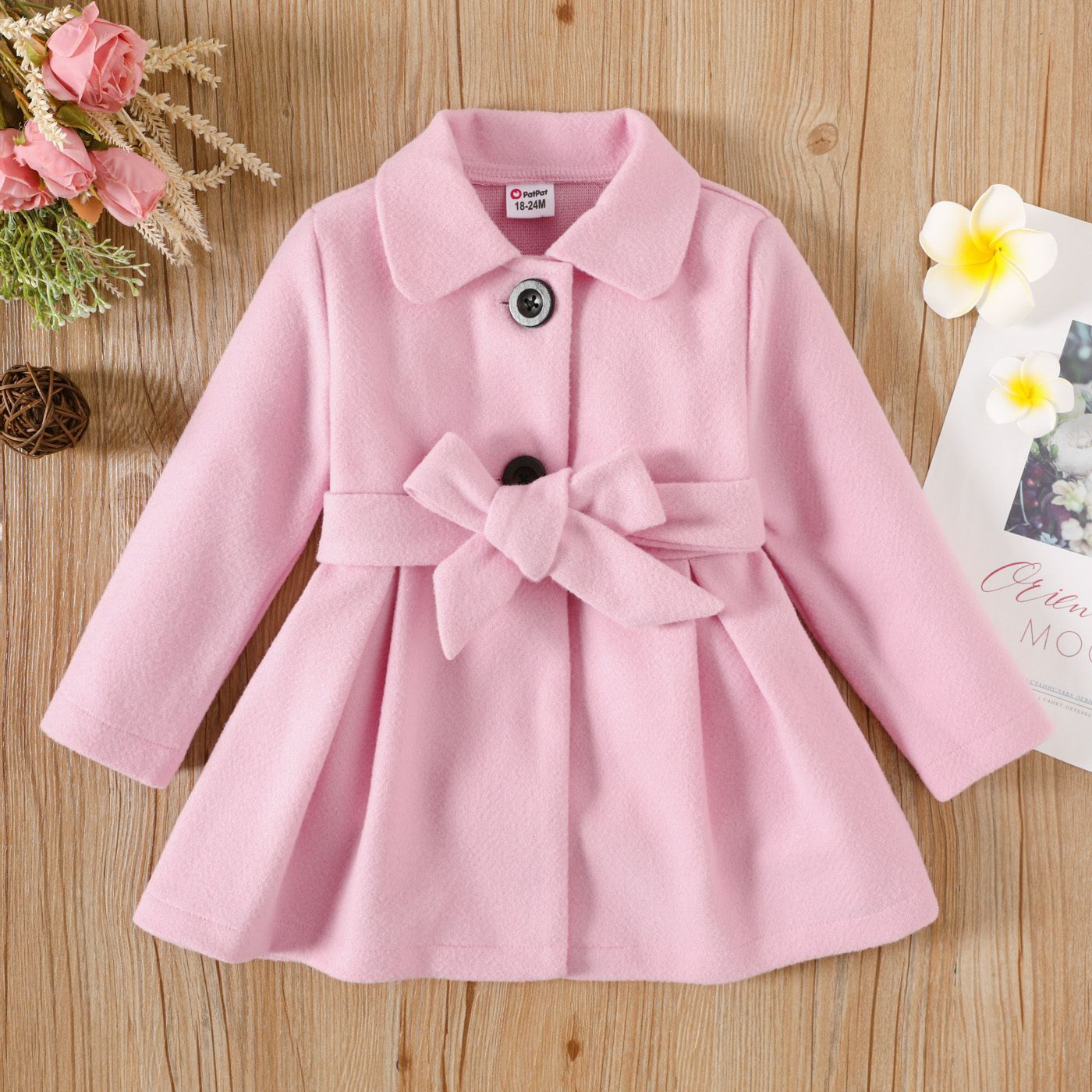 

Toddler Girl Sweet Lapel Collar Button Design Belted Pleated Pink Blend Coat