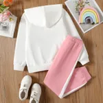 2pcs Kid Girl Character Print Pocket Design Fleece Lined White Hoodie Fleece Sweatshirt and Colorblock Pants Set  image 3