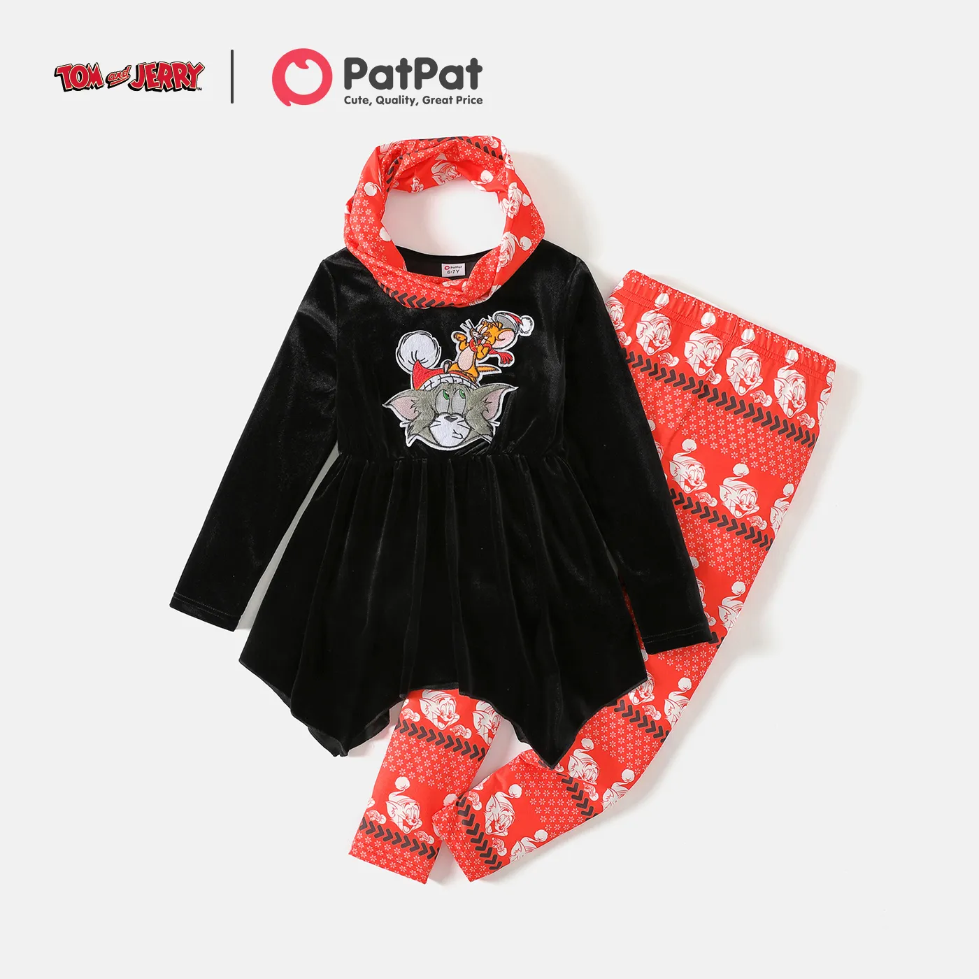 Tom and Jerry 2pcs Kid Girl Christmas Embroidered Velvet Long-sleeve Tee & Allover Print Leggings and Scarf Set
