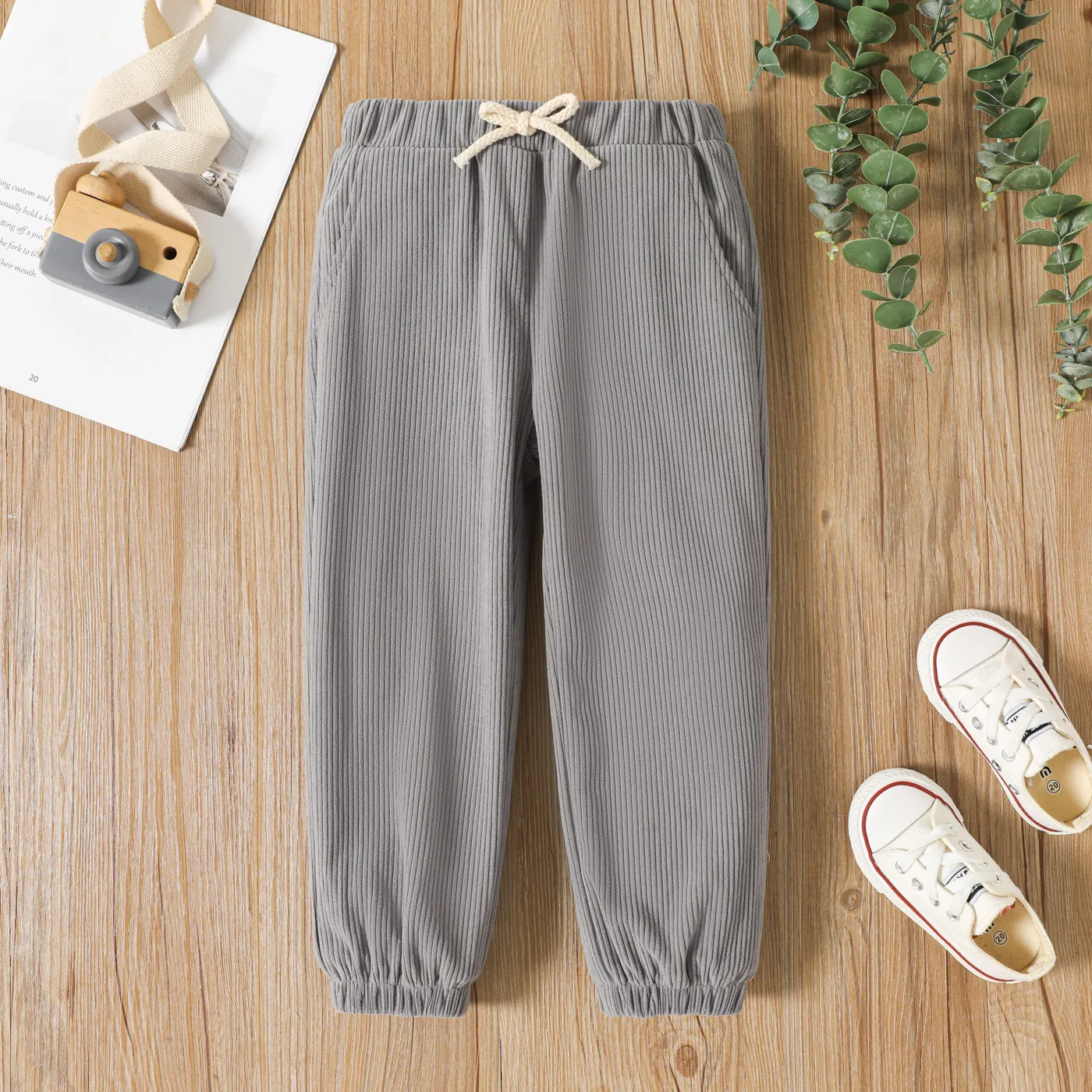 Toddler Boy Basic Solid Color Elasticized Ribbed Pants Grey big image 1