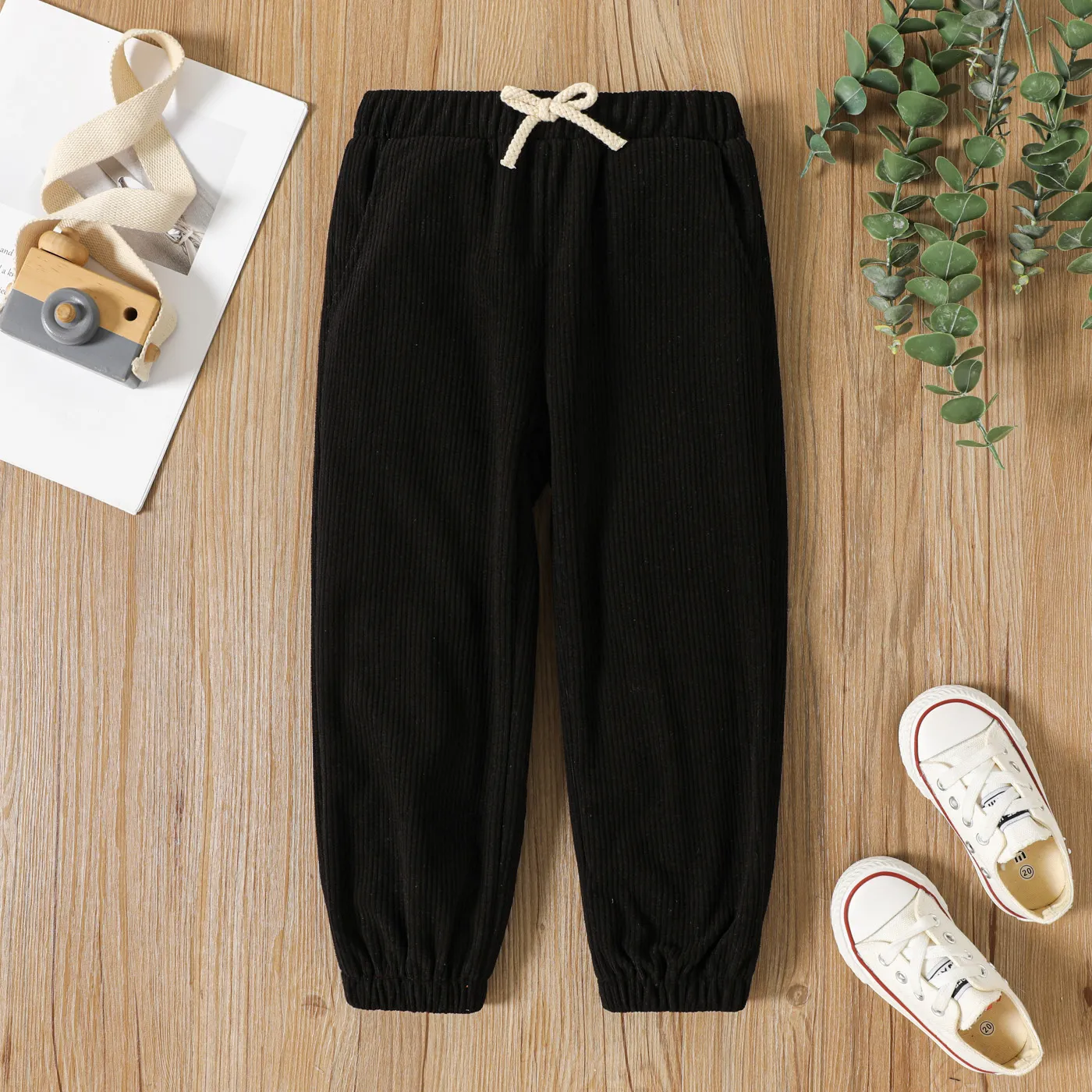 Toddler Boy Basic Solid Color Elasticized Ribbed Pants Black