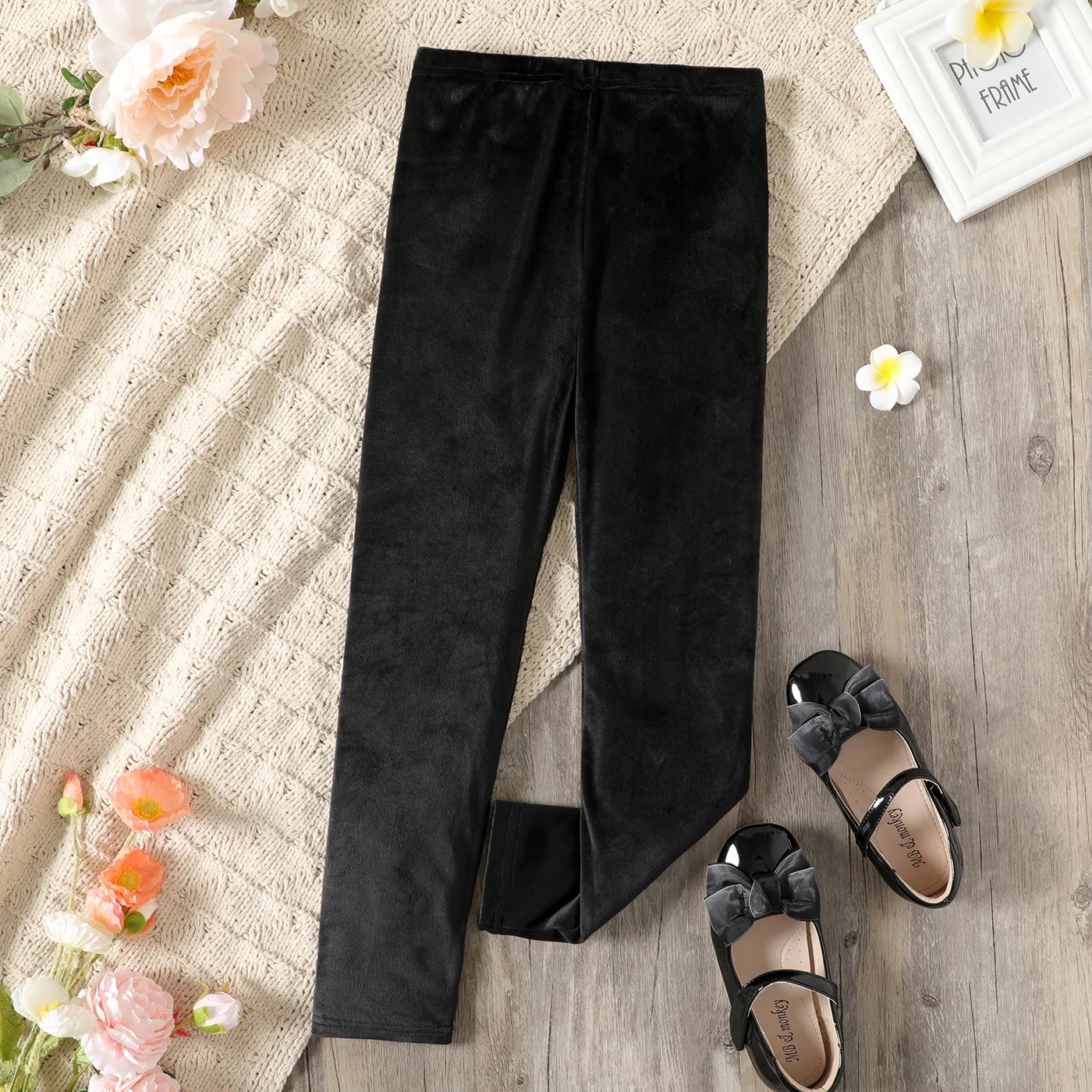 Kid Girl Basic Solid Color Elasticized Flannel Leggings Black