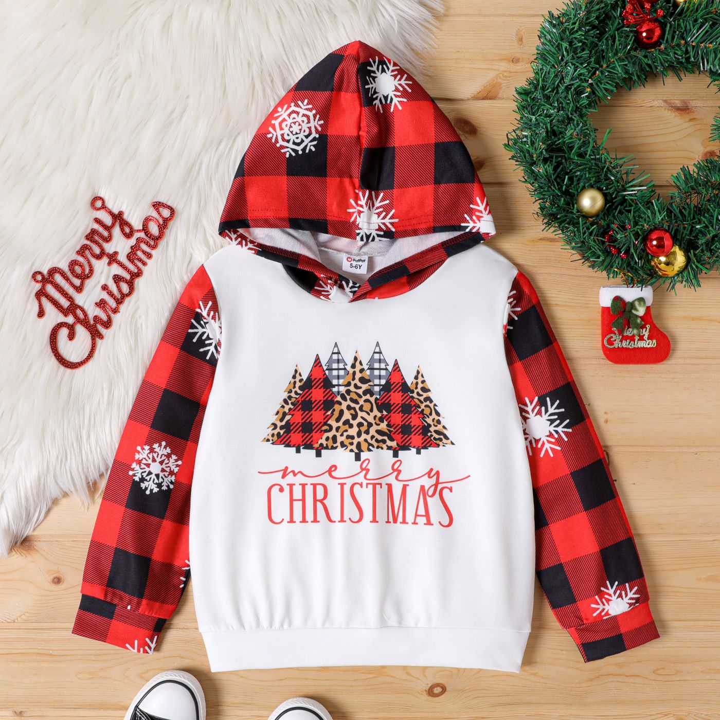 

Kid Boy/Kid Girl Christmas Snowflake Print Plaid Splice Hoodie Sweatshirt