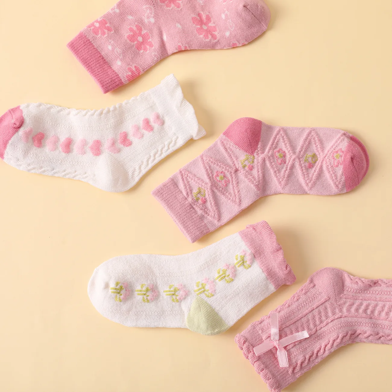 Juego de 5 pares de calcetines con lazo y estampado floral para bebés y niños pequeños Multicolor big image 1