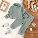 2pcs Baby Girl Solid Rib Knit Turtleneck Long-sleeve Set Green