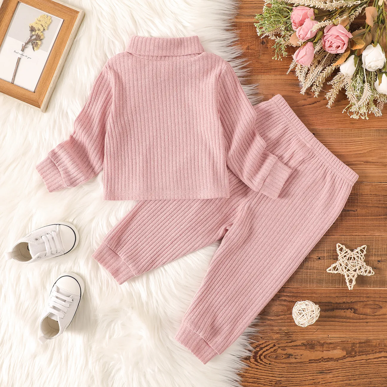 2pcs Baby Girl Solid Rib Knit Turtleneck Long-sleeve Set Pink big image 1