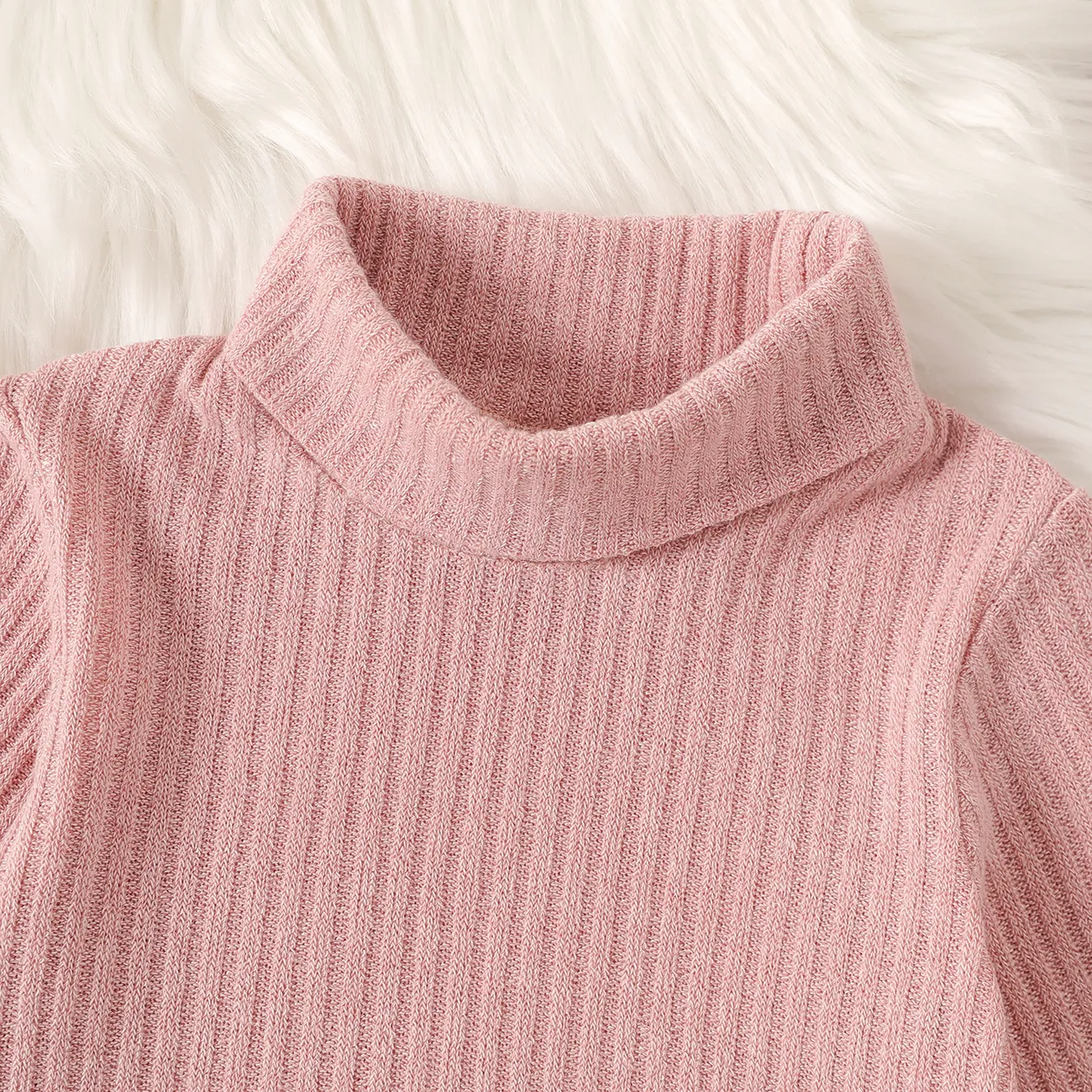 2pcs Baby Girl Solid Rib Knit Turtleneck Long-sleeve Set Pink big image 1