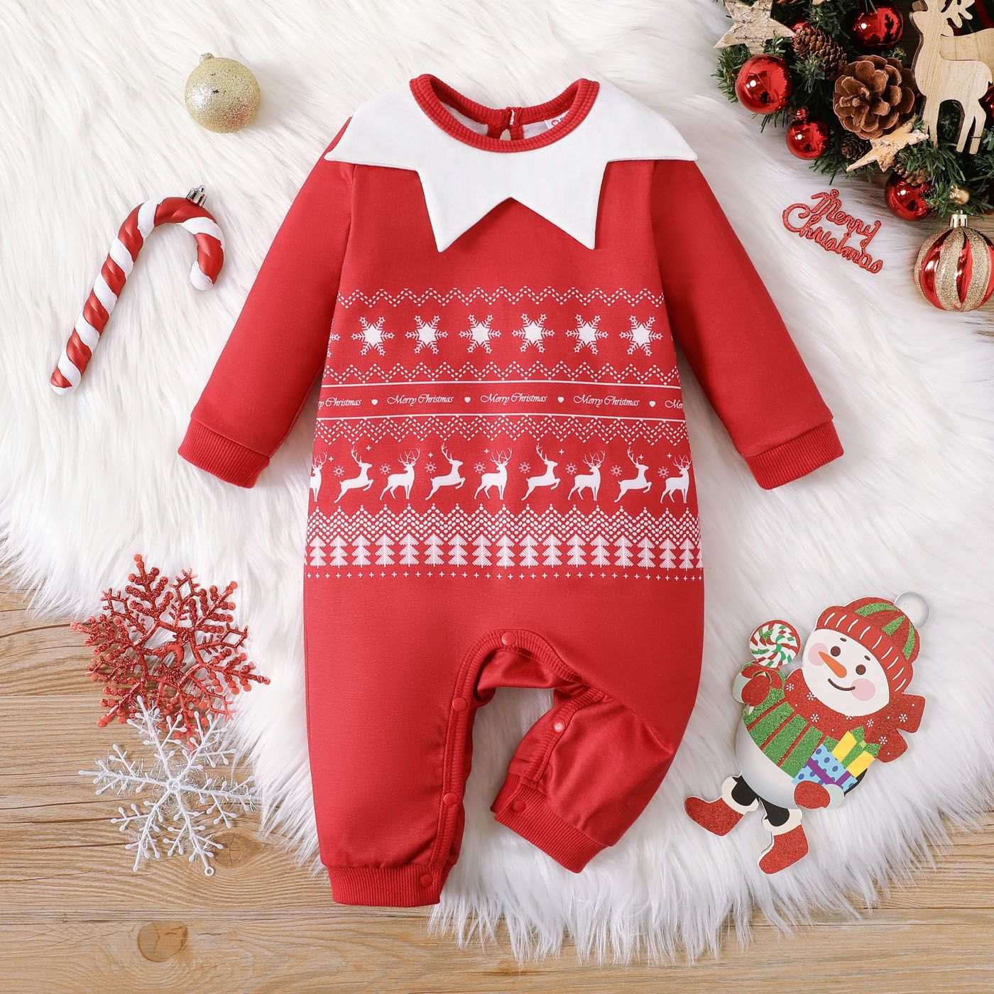 

Christmas Baby Boy/Girl Contrast Collar Allover Print Long-sleeve Jumpsuit