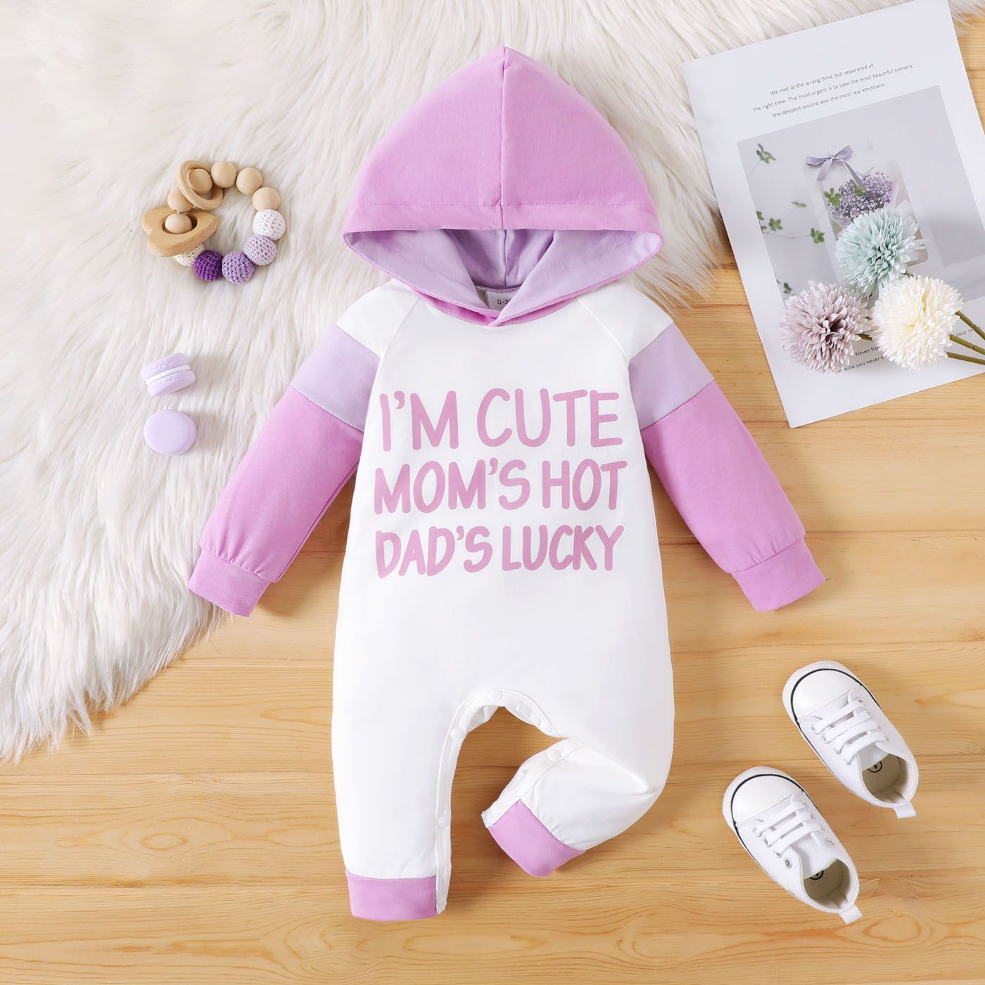 

Baby Girl 95% Cotton Letter Print Colorblock Long-sleeve Hooded Jumpsuit